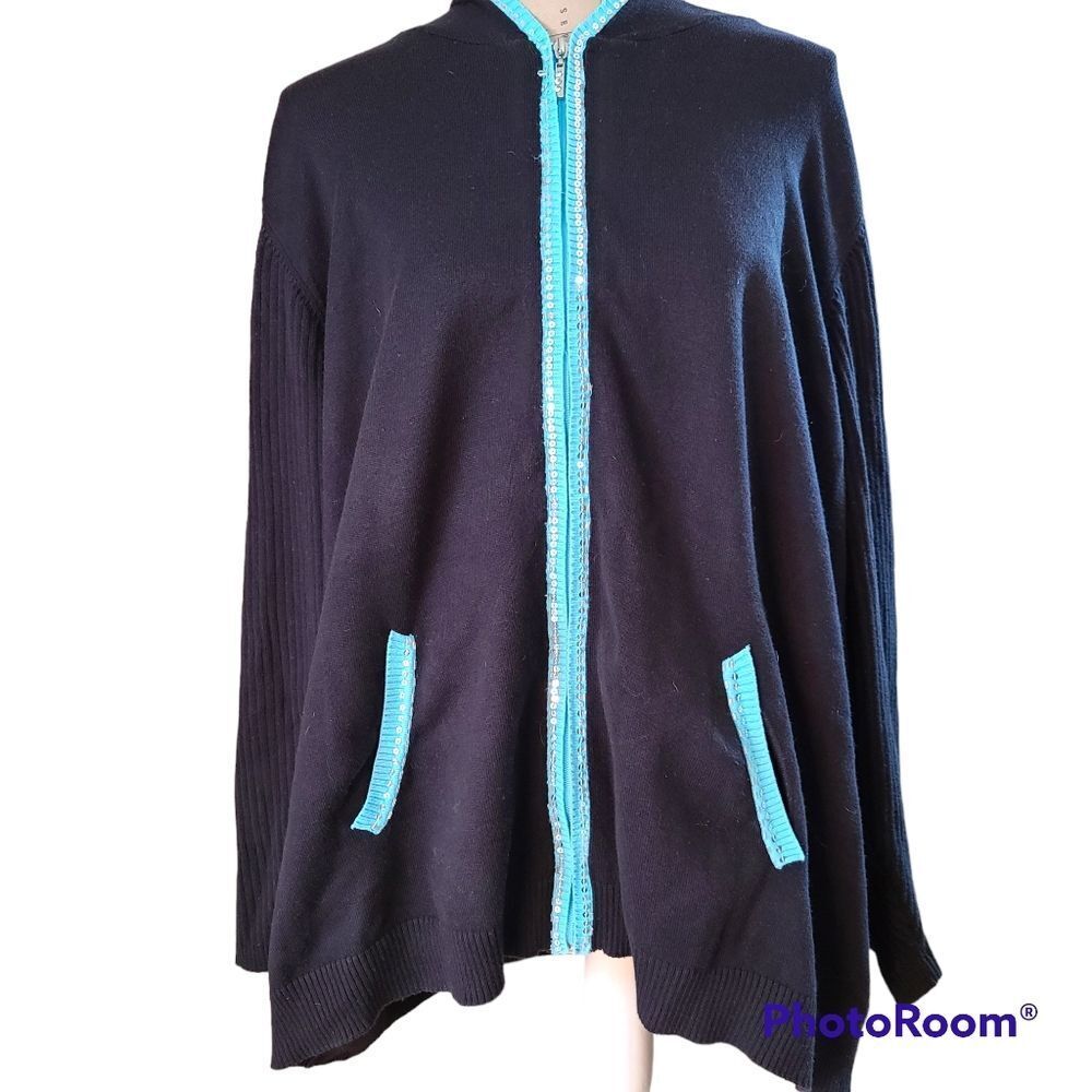 Quacker Factory Size 3X Black  Full Zip Hooded Sweater Jacket Blue Sequin Trim